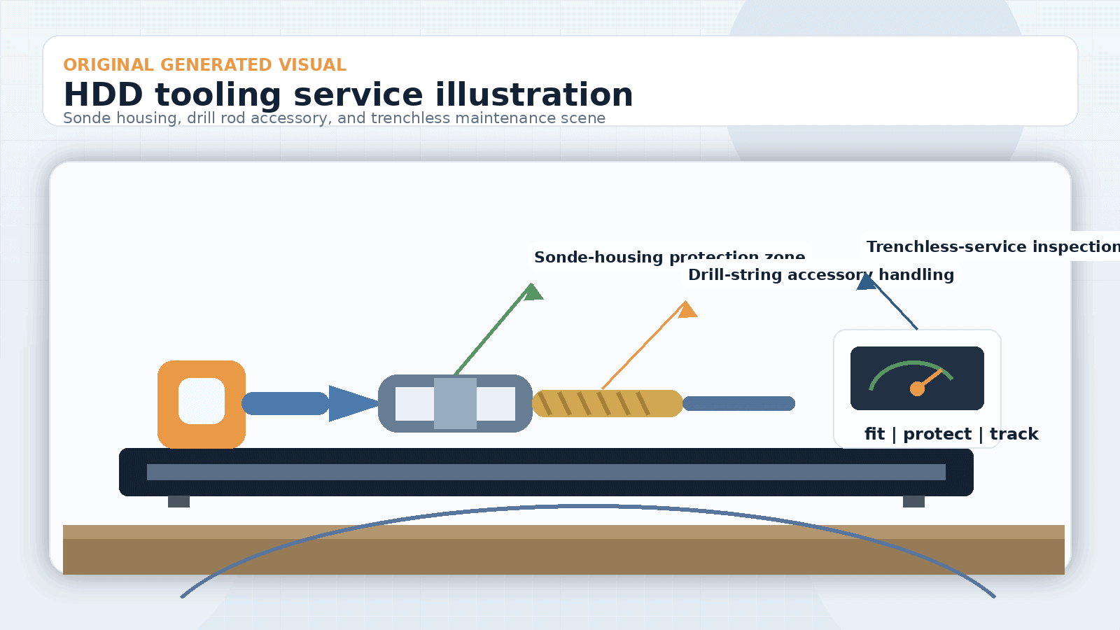 HDD Tooling Service Guide: Make and Break Checks for Trenchless Shops 1 Illustration of HDD tooling service showing sonde housing, drill-string accessories, a controlled make-break setup, and a trenchless inspection tablet.