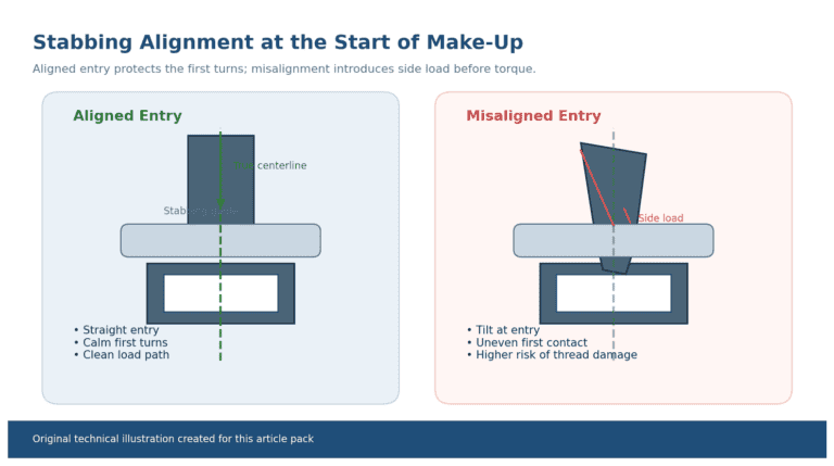 Pipe stabbing alignment — diagram showing proper and misaligned stabbing alignment during make-up process