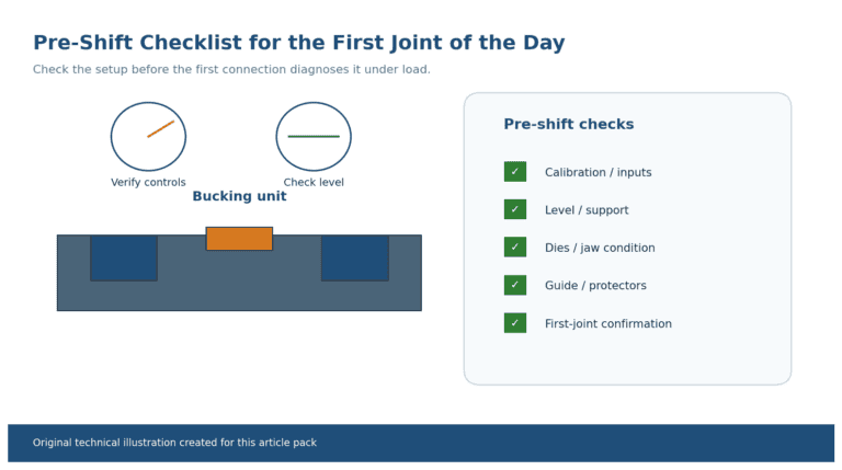 Pre-shift operator checklist — original technical illustration of a checklist board covering calibration, level, support, dies, and a first-joint verification sequence.