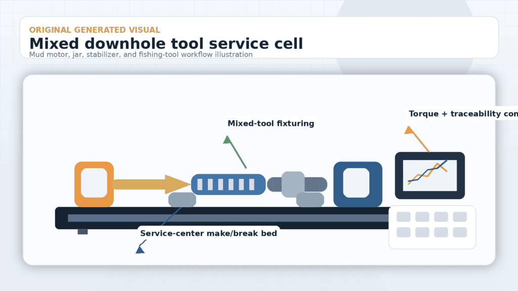 Diagram of mixed-downhole tool service cell for oilfield equipment maintenance.