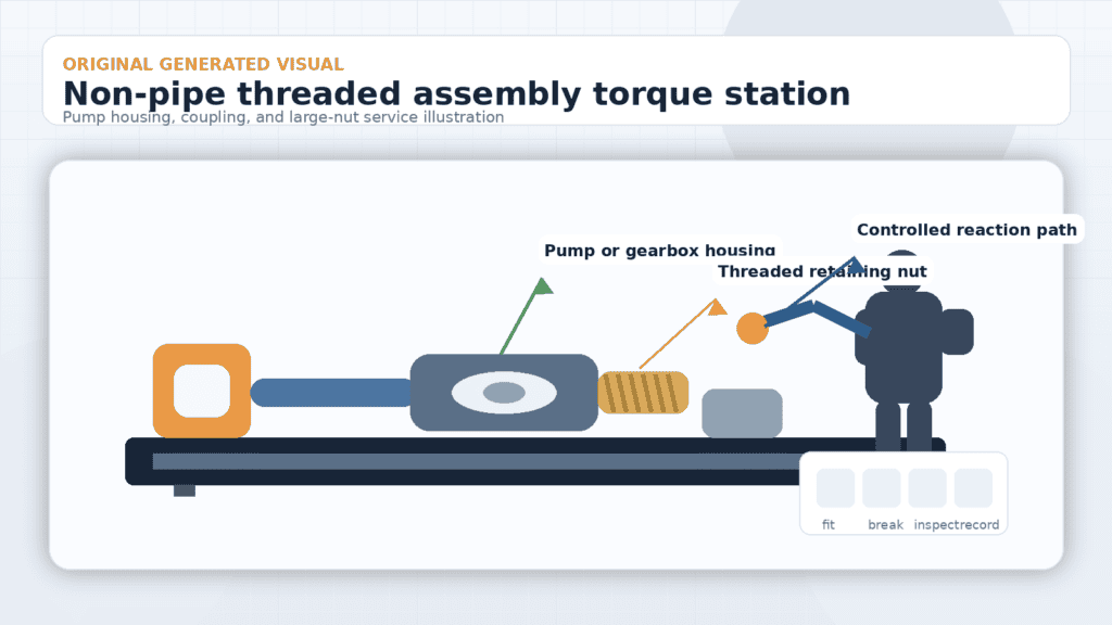 Non-pipe threaded assembly torque station for oilfield equipment.