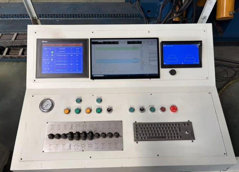 Galip bucking unit control console showing dual HMI screens, real-time torque-turn graph, push-button operator panel and integrated keyboard for FAT acceptance