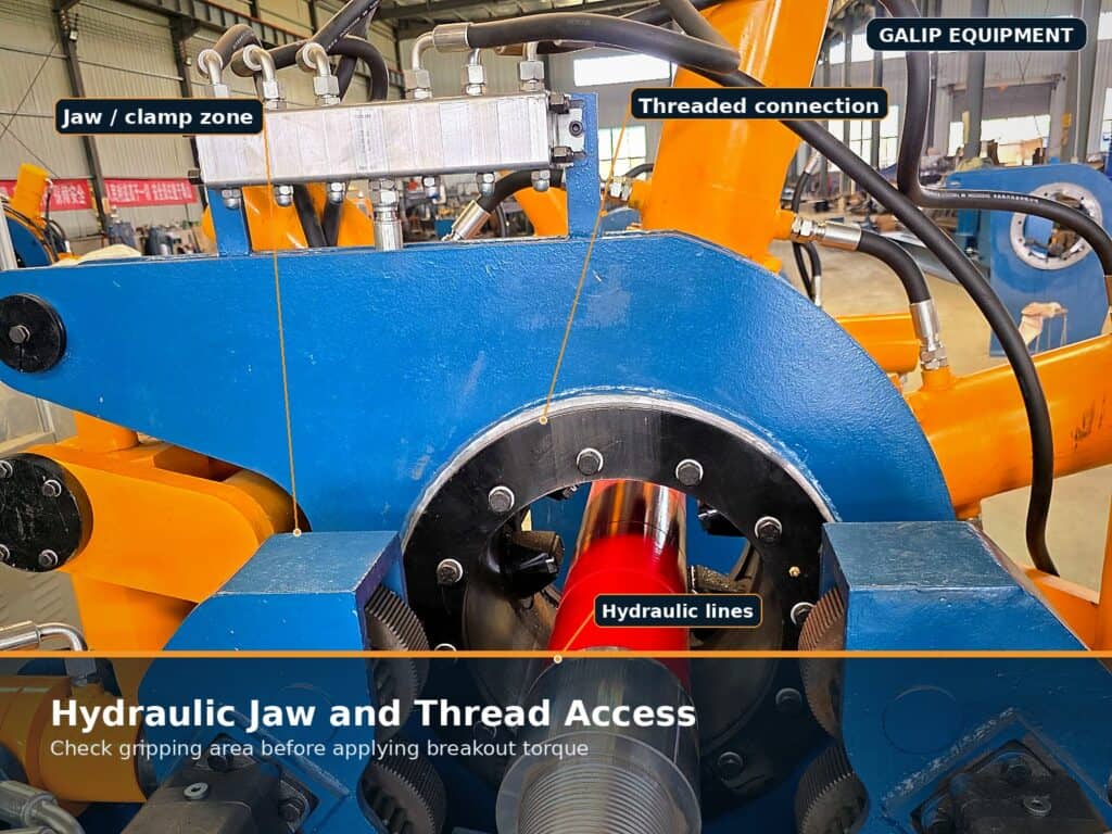 Breakout Unit for Mud Motor Repair: Safer Teardown of Subs, Housings and Tool Joints 3 Close-up of a Galip breakout unit hydraulic jaw used for safe mud motor teardown