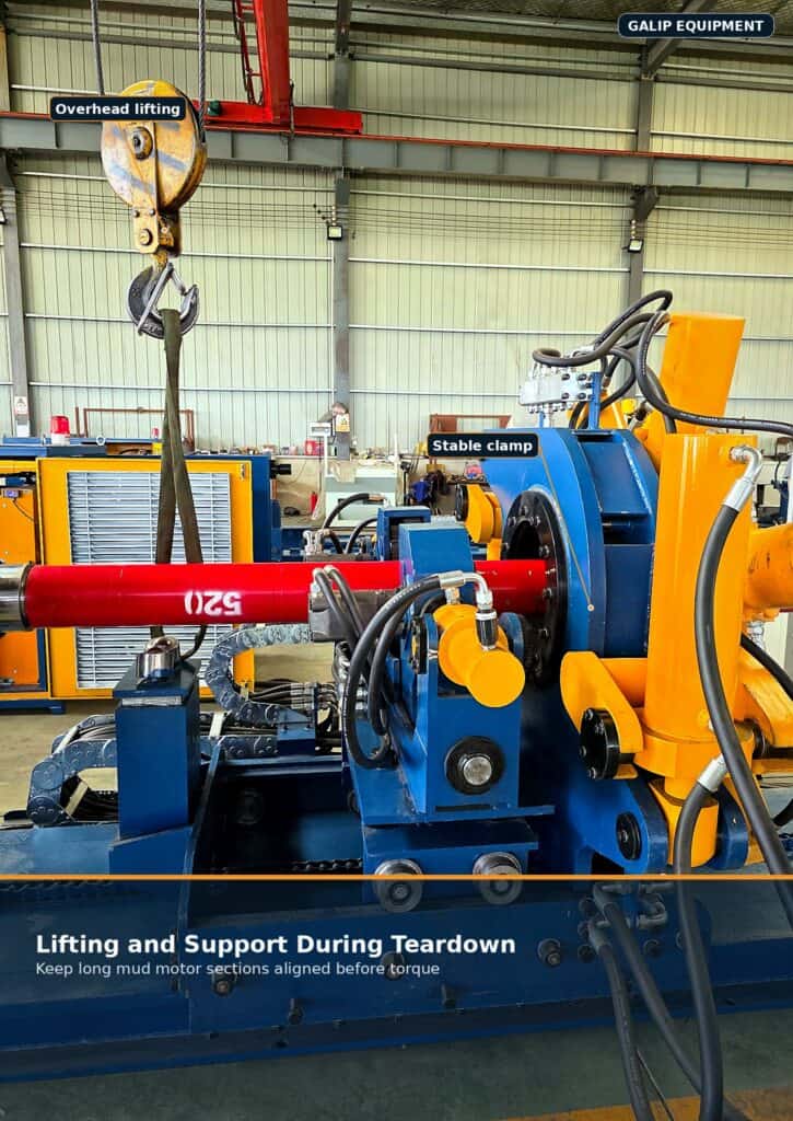 Breakout Unit for Mud Motor Repair: Safer Teardown of Subs, Housings and Tool Joints 4 Oilfield breakout unit with stable clamp and overhead lifting for drilling motor repair.