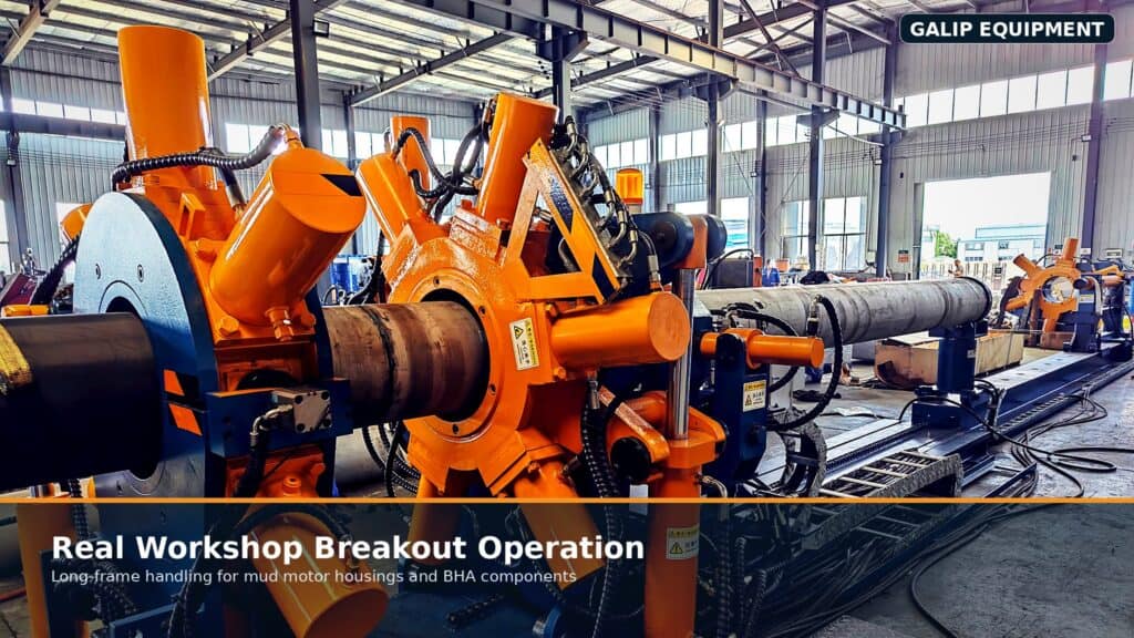 Breakout Unit for Mud Motor Repair: Safer Teardown of Subs, Housings and Tool Joints 5 Industrial breakout unit used for oilfield drilling and casing handling.