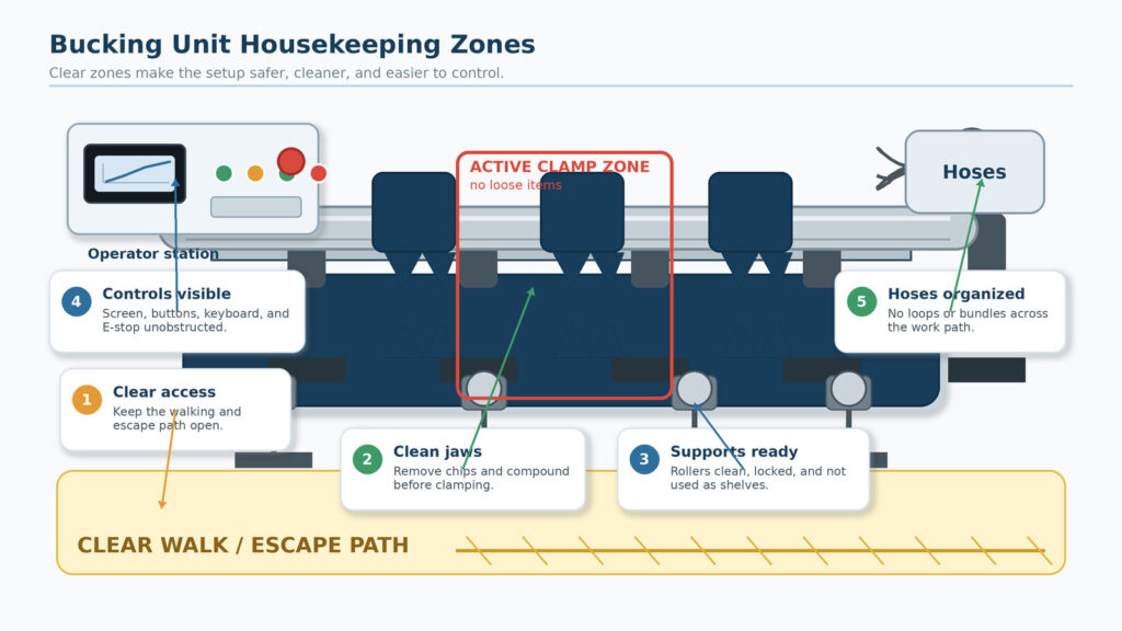 Daily Bucking Unit Maintenance Checklist: Housekeeping Habits That Protect Safety, Accuracy, and Records 2 Bucking unit housekeeping check before the first make-up and break-out job of the day