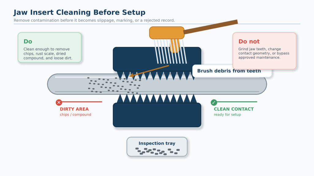 Daily Bucking Unit Maintenance Checklist: Housekeeping Habits That Protect Safety, Accuracy, and Records 3 Bucking unit jaws and contact teeth inspected during routine daily maintenance